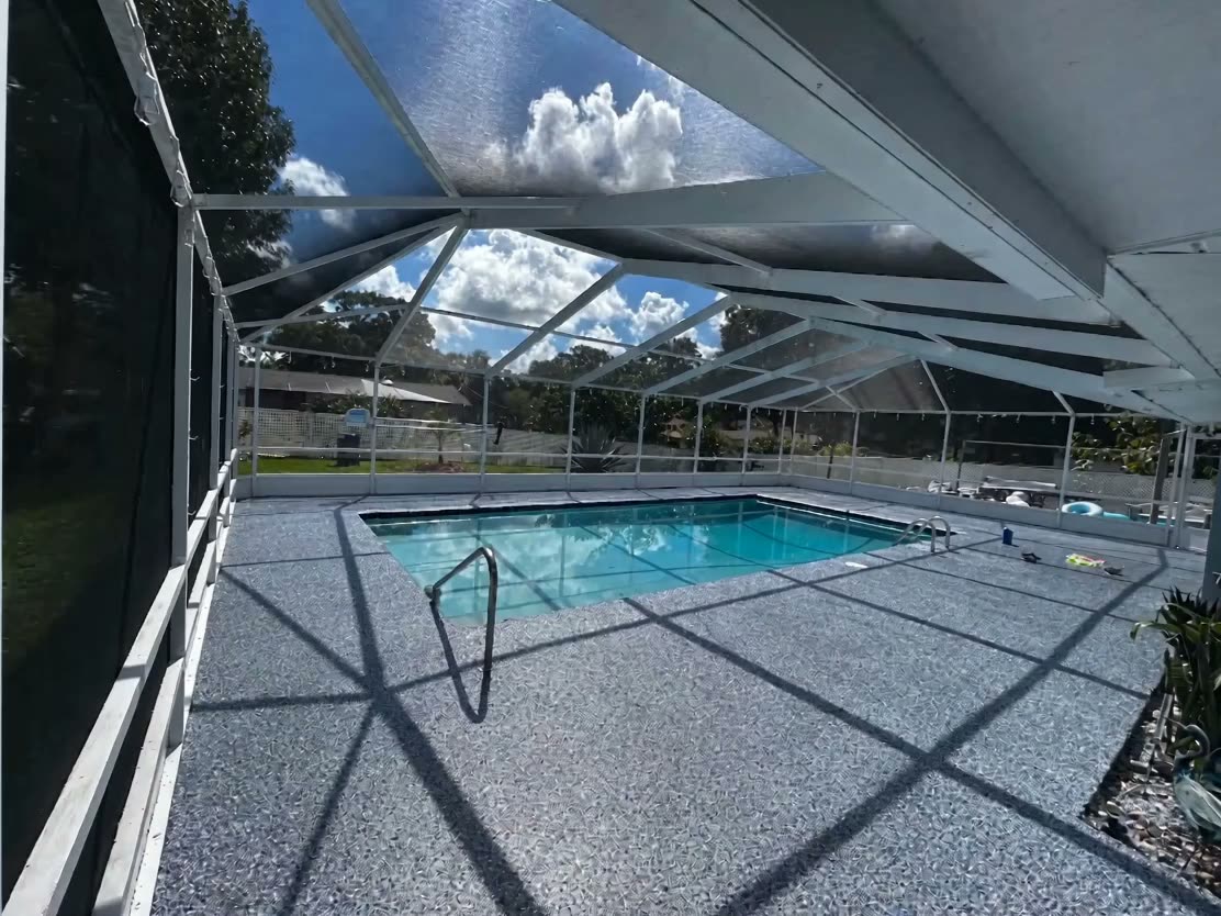 Finished flake epoxy pool deck showing craftsmanship and attention to detail
